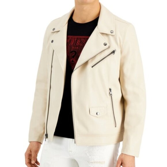 Guess Faux Leather Vegan Moto Jacket Stone Beige Men’s Size Large NEW